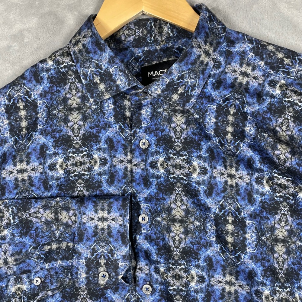 Maceoo Mens XL Blue Black Geometric Kaleidoscopic Italian Fabric Button Down